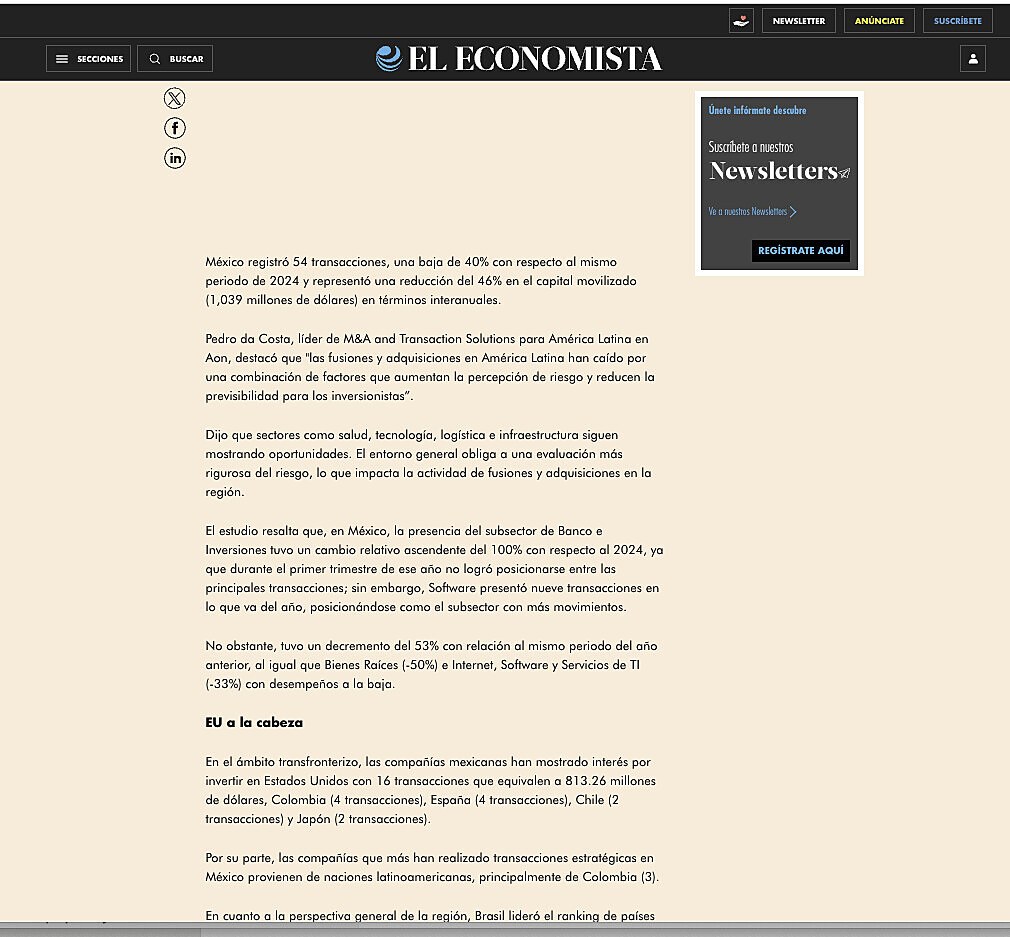 M�xico registr� 54 transacciones en el primer trimestre del 2025